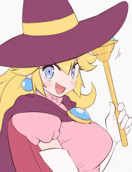 Rule 34 | 1girl, :d, blonde hair, blue eyes, blush, breasts, brooch, cape, dress, earrings, elbow gloves, eyelashes, from side, gloves, grey background, hand up, hat, highres, holding, holding wand, jewelry, kurachi mizuki, large breasts, long hair, looking at viewer, mario (series), mario kart, mario kart tour, nintendo, official alternate costume, open mouth, pink dress, princess peach, princess peach (halloween), puffy short sleeves, puffy sleeves, purple cape, purple hat, short sleeves, simple background, smile, solo, upper body, v-shaped eyebrows, wand, white gloves, witch, witch hat