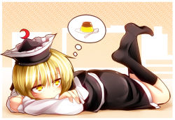 Rule 34 | 1girl, black socks, blonde hair, crescent, dessert, female focus, food, hat, imagining, kazetto, kneehighs, lunasa prismriver, lying, on stomach, pudding, short hair, socks, solo, thought bubble, touhou, yellow eyes