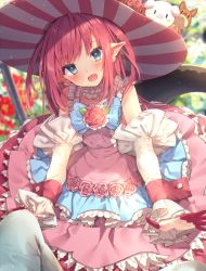 Rule 34 | 10s, 1girl, absurdres, alternate costume, day, dress, elizabeth bathory (fate), elizabeth bathory (fate/extra ccc), elizabeth bathory (third ascension) (fate), fate/extra, fate/extra ccc, fate (series), flower, frilled dress, frills, green eyes, hat, hat flower, head tilt, highres, layered dress, looking at viewer, open mouth, outdoors, pink dress, pink flower, pink hair, pink rose, pointy ears, red ribbon, ribbon, rose, smile, solo focus, striped clothes, striped headwear, usamata, vertical-striped clothes, vertical-striped headwear, wrist cuffs