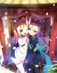 Rule 34 | 2girls, :d, ;d, animal ears, bell, blonde hair, blue eyes, blush stickers, blvefo9, cheek-to-cheek, collar, fang, hair ornament, hair rings, hair stick, holding hands, heads together, highres, interlocked fingers, japanese clothes, jingle bell, lolita fashion, long sleeves, looking at viewer, multiple girls, one eye closed, open mouth, original, petals, purple eyes, purple hair, rabbit ears, rabbit tail, ribbon-trimmed legwear, ribbon trim, rope, shimenawa, single thighhigh, smile, symmetrical hand pose, tail, thighhighs, wa lolita, white legwear, wide sleeves, wink, zettai ryouiki