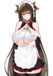 Rule 34 | 1girl, absurdres, animal ears, azur lane, bare shoulders, bell, blush, breasts, brown hair, cleavage, cow ears, cow girl, cow horns, cow tail, cowbell, highres, horns, huge breasts, kashino (azur lane), kashino (maid for mayhem) (azur lane), long hair, looking at viewer, maid, maid headdress, official alternate costume, purple eyes, sideboob, skirt, solo, standing, tail, thighhighs, thighs, tnr (horiko1525), white background, zettai ryouiki