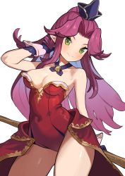 Rule 34 | 1girl, angela (seiken densetsu 3), bare shoulders, blue gloves, blue hat, breasts, cleavage, closed mouth, gloves, green eyes, greentanuki, hat, highres, long hair, looking at viewer, medium breasts, pointy ears, purple hair, seiken densetsu, seiken densetsu 3, simple background, smile, solo, thighs, white background