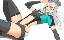 Rule 34 | 1girl, :d, alice gear aegis, blush, breasts, detached sleeves, doko tetora, from side, grey hat, grey shorts, grey thighhighs, hand up, hat, jinguuji mari, long hair, long sleeves, looking at viewer, medium breasts, micro shorts, open mouth, shorts, simple background, smile, solo, suspender shorts, suspenders, thighhighs, white background