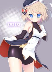 Rule 34 | 1girl, :o, azur lane, bare shoulders, beret, bike shorts, black dress, black hat, black shorts, blonde hair, blue eyes, blush, bow, breasts, character name, commentary request, cross, dress, gloves, grey background, hair between eyes, hair bow, halftone, halftone background, hat, highres, iron cross, looking at viewer, medium breasts, parted lips, short hair, shorts, sleeveless, sleeveless dress, solo, striped, striped bow, taira takehiro, white gloves, z23 (azur lane)