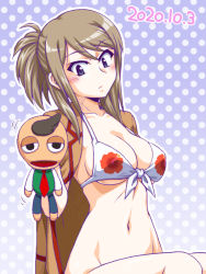 Rule 34 | 1girl, bikini, black eyes, blue background, breasts, brown hair, brown jacket, cleavage, closed mouth, commentary request, dated, front-tie bikini top, front-tie top, ginga kuon, gokujou seitokai, hand puppet, holding, jacket, jacket on shoulders, light frown, looking at viewer, medium hair, motion lines, navel, oosaka kanagawa, outline, partial commentary, polka dot, polka dot background, print bikini, puppet, randou rino, short hair, short ponytail, sitting, solo, swimsuit, white bikini, white outline