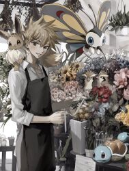 Rule 34 | 1boy, alternate costume, apron, beautifly, bird, blue oak, blush, brown eyes, brown hair, collared shirt, creatures (company), eevee, flower, game freak, gen 1 pokemon, gen 3 pokemon, hair between eyes, hair ornament, highres, holding, holding flower, jewelry, looking down, male focus, necklace, nintendo, pidgey, plant, pokemon, pokemon (creature), pokemon rgby, potted plant, red flower, ribbon, rose, sekaiitinoki, shirt, short hair, sleeves past elbows, smile, spiked hair, squirtle, standing, watering can, x hair ornament