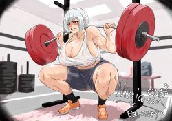 Rule 34 | 1girl, breasts, exercising, gym, highres, huge breasts, mole, mole under mouth, muscular, nipples, red cornea blue, red eyes, shorts, squatting, sweat, tank top, weightlifting, white hair