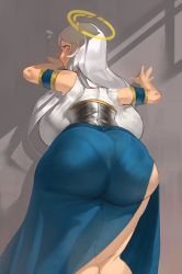 Rule 34 | 1girl, armband, ass, backboob, blue armband, blue skirt, blush, breast press, breasts, brown eyes, commentary, curvy, draz, flying sweatdrops, from behind, halo, highres, huge ass, huge breasts, long hair, long skirt, looking at viewer, looking back, looking down, original, pantylines, side slit, silver hair, skirt, solo, thick thighs, thighs, wavy mouth, wide hips