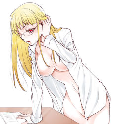 Rule 34 | blonde hair, breasts, glasses, large breasts, long hair, naked shirt, open clothes, open shirt, original, red eyes, shirt, solo, table, yodobashi yuo
