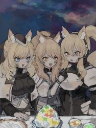 Rule 34 | 3girls, animal ear fluff, animal ears, arknights, armor, aunt and niece, bad id, bad twitter id, black bow, black headwear, blemishine (arknights), blonde hair, blue eyes, bow, feeding, food, hair bow, headset, highres, holding, holding spoon, horse ears, implied extra ears, multiple girls, nearl (arknights), omcxxx, open mouth, orange eyes, ponytail, siblings, sisters, spoon, upper body, whislash (arknights)