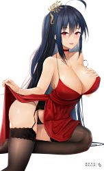 Rule 34 | 1girl, ahoge, alternate hairstyle, armpit crease, ass, azur lane, bare shoulders, black garter belt, black hair, black panties, black thighhighs, blush, breasts, choker, cleavage, clothes lift, collarbone, dated, dress, dress lift, garter belt, garter straps, hair between eyes, hair ornament, halterneck, hand on own chest, highres, huge breasts, knee up, lace, lace panties, large breasts, leaning forward, long hair, looking at viewer, nail polish, official alternate costume, one side up, open mouth, panties, red dress, red eyes, sidelocks, signature, simple background, skindentation, smile, solo, strap slip, taihou (azur lane), taihou (forbidden feast) (azur lane), thighhighs, thighs, underwear, very long hair, white background, white nails, yueguang zhanglang