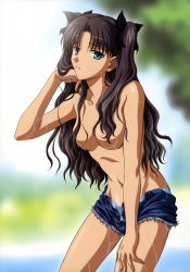 Rule 34 | 1girl, absurdres, adjusting hair, black hair, blue eyes, blue panties, breasts, censored, collarbone, convenient censoring, day, denim, denim shorts, fate/stay night, fate (series), hair censor, hair over breasts, hand in own hair, highres, ishihara megumi, long hair, looking at viewer, medium breasts, open fly, panties, parted bangs, parted lips, short shorts, shorts, solo, teeth, tohsaka rin, topless, two side up, underwear, unzipped, water, wet, wet clothes