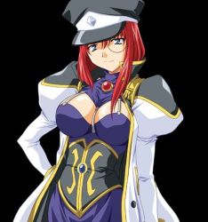 Rule 34 | 00s, 1girl, black background, blue eyes, breasts, cleavage cutout, clothing cutout, contrapposto, forte stollen, galaxy angel, hand on own hip, hat, large breasts, looking at viewer, lowres, monocle, peaked cap, puffy sleeves, red hair, simple background, smile, solo, tagme