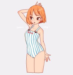 Rule 34 | 1girl, arm up, black eyes, blush, cowboy shot, cropped legs, english text, highres, one-piece swimsuit, open mouth, orange hair, original, rinotuna, short hair, simple background, solo, striped clothes, striped one-piece swimsuit, swimsuit, white background
