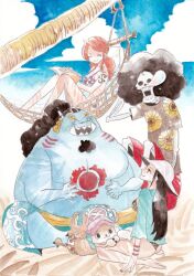 Rule 34 | 2girls, 3boys, ^ ^, afro, antlers, arm tattoo, beach, bikini, black hair, blue cardigan, book, book on lap, brook (one piece), cardigan, chest tattoo, closed eyes, cross, facial hair, fish boy, floral print, goatee, hammock, hat, highres, horns, jinbe (one piece), long hair, multiple boys, multiple girls, nami (one piece), nico robin, one piece, painting (medium), ponytail, red nails, red shorts, reindeer antlers, sash, shorts, sidelocks, sitting, skeleton, sky, sleeping, smile, squeans, sunflower print, swimsuit, tattoo, thick eyebrows, tony tony chopper, traditional media, tusks, twintails, watercolor (medium), yachiy0, yellow sash