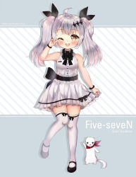 Rule 34 | 1girl, ;d, aged down, ahoge, animal, arm up, bad id, bad pixiv id, bandana, bare shoulders, black bow, black footwear, black ribbon, blush, bow, breasts, brown eyes, character name, commentary request, copyright name, dress, ferret, fingernails, five-seven (adventures of fenfen) (girls&#039; frontline), five-seven (girls&#039; frontline), foreign blue, girls&#039; frontline, hair ornament, hair ribbon, highres, korean commentary, long hair, mary janes, official alternate costume, one eye closed, open mouth, red bandana, ribbon, round teeth, shoes, silver hair, skirt hold, sleeveless, sleeveless dress, small breasts, smile, solo, standing, standing on one leg, teeth, thighhighs, twintails, upper teeth only, very long hair, white dress, white thighhighs
