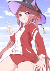 Rule 34 | 1girl, absurdres, alternate costume, animal ears, blush, breasts, buruma, clenched teeth, commentary request, funamori, hair ornament, hair rings, hat, highres, horse ears, horse girl, horse tail, jacket, long hair, looking at viewer, purple eyes, ribbon, sky, small breasts, solo, sweep tosho (umamusume), tail, teeth, track jacket, twintails, umamusume, witch hat