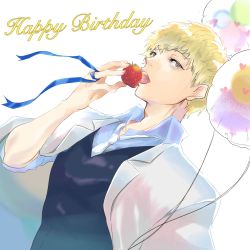 Rule 34 | 1boy, arm up, bags under eyes, balloon, blonde hair, collared shirt, dress shirt, food, fruit, hand up, happy birthday, highres, kimi ga shine, looking at viewer, naaaz07751097, necktie, open mouth, profile, ribbon, shinogi keiji, shirt, solo, strawberry, teeth, upper body, vest, white background