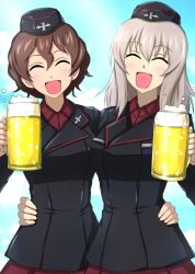 Rule 34 | 2girls, :d, alcohol, arm around waist, beer, beer mug, black headwear, black jacket, blue sky, brown hair, closed eyes, cloud, cloudy sky, commentary, cup, day, dress shirt, facing viewer, garrison cap, girls und panzer, grey hair, hat, highres, holding, holding cup, insignia, itsumi erika, jacket, kuromorimine military uniform, long sleeves, medium hair, military hat, military uniform, mug, multiple girls, nishizumi maho, omachi (slabco), open mouth, outdoors, red shirt, red skirt, shirt, short hair, side-by-side, skirt, sky, smile, uniform, wing collar