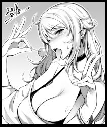 Rule 34 | 1girl, 2016, bare shoulders, blush, breasts, candy, choker, cleavage, dated, food, greyscale, huge breasts, lollipop, long hair, looking at viewer, monochrome, off shoulder, original, saliva, saliva trail, solo, sweatdrop, teeth, tongue, tongue out, v, warabino matsuri