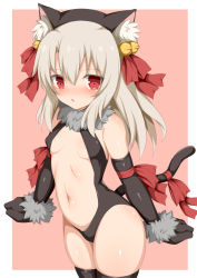 Rule 34 | 1girl, animal ear fluff, animal ears, bare shoulders, bell, black gloves, black thighhighs, blush, border, breasts, cat ears, cat tail, center opening, elbow gloves, fake animal ears, fate/kaleid liner prisma illya, fate (series), fur collar, gloves, hair between eyes, hair ribbon, illyasviel von einzbern, illyasviel von einzbern (beast style), jingle bell, long hair, looking at viewer, navel, official alternate costume, open mouth, pink background, red eyes, ribbon, sidelocks, small breasts, solo, tail, thighhighs, thighs, toshishikisai, white border, white hair
