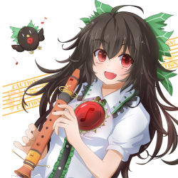 Rule 34 | 1girl, bad id, bad pixiv id, bird, black hair, bow, caution, fang, female focus, flute, hair bow, holding flute, holding instrument, instrument, long hair, metalridley, musical note, no wings, open mouth, radiation symbol, recorder, red eyes, reiuji utsuho, reiuji utsuho (bird), simple background, skirt, smile, solo, third eye, touhou