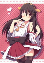 Rule 34 | 10s, 1girl, ;), bad id, bad pixiv id, bare shoulders, black hair, detached sleeves, finger to cheek, frilled skirt, frills, hair ornament, hairband, hairclip, haruna (kancolle), japanese clothes, kantai collection, long hair, one eye closed, oniku (shimofuri-ke), personification, ribbon-trimmed sleeves, ribbon trim, skirt, smile, solo, thighhighs, wink
