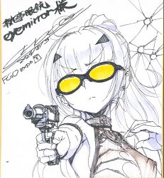 aiming aiming_at_viewer alternate_costume bare_shoulders bespectacled choco_(chocolate_shop) commentary_request copyright_name crack cracked_glass dated facing_viewer fate/grand_order fate_(series) forked_eyebrows glasses gun hair_behind_ear handgun hands_up holding holding_gun holding_weapon long_hair melusine_(fate) monochrome official_alternate_hairstyle opaque_glasses ponytail portrait safety_glasses shikishi signature spot_color tinted_eyewear traditional_media translation_request upper_body weapon white_background yellow-tinted_eyewear