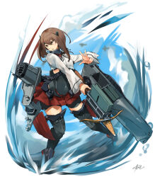 Rule 34 | 1girl, bow (weapon), brown eyes, brown hair, commentary request, corset, crossbow, full body, gun, headband, highres, kantai collection, long sleeves, machinery, pleated skirt, red skirt, shirt, short hair with long locks, skirt, solo, sunday aki, taihou (kancolle), thighhighs, water, weapon, white shirt