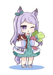 Rule 34 | 1girl, ;o, animal ears, blue flower, blue rose, blush, bow, character doll, chibi, colored shadow, dress, ear ribbon, flower, frilled dress, frills, full body, green dress, green ribbon, highres, horse ears, horse girl, horse tail, jacket, long hair, long sleeves, mejiro mcqueen (umamusume), nozo (hitomiz), hugging object, one eye closed, open clothes, open jacket, parted lips, purple eyes, purple hair, ribbon, rose, sandals, shadow, sleeves past wrists, solo, standing, tail, tears, tokai teio (umamusume), umamusume, very long hair, white footwear, white jacket