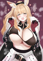 Rule 34 | 1girl, :d, absurdres, animal ear fluff, animal ears, areola slip, arknights, armor, belt, belt buckle, bikini, bikini top only, black bikini, black bow, black gloves, blemishine (arknights), blonde hair, blush, bouncing breasts, bow, breasts, brown eyes, buckle, cleavage, covered erect nipples, faulds, fur collar, gainaxing, gloves, hair bow, heart, heart-shaped pupils, highres, horse ears, huge breasts, kokihanada, large breasts, long hair, looking at viewer, motion lines, naughty face, open mouth, pauldrons, ponytail, purple background, red gloves, shoulder armor, simple background, smile, solo, speech bubble, sweat, swimsuit, symbol-shaped pupils, translation request, two-tone gloves, upper body