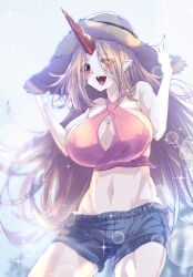 Rule 34 | 1girl, absurdres, bare shoulders, belly, boxer briefs, breasts, cleavage cutout, clothing cutout, hat, highres, horn, hoshiguma yuugi, large breasts, long hair, looking at viewer, male underwear, navel, oni, open mouth, parted bangs, pointy ears, red eyes, straw hat, sunnysideup, touhou, underwear
