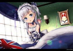 Rule 34 | 1girl, aged down, aono meri, azur lane, bed, belfast (azur lane), blue dress, braid, commentary request, drawing (object), dress, elbow gloves, gloves, highres, letterboxed, little bel (azur lane), long hair, maid headdress, open mouth, picture frame, pillow, ribbon, side ponytail, silver hair, sitting, solo, translation request, v arms, window
