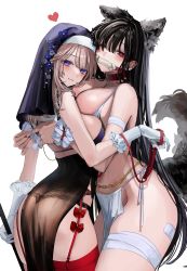 Rule 34 | 2girls, animal collar, animal ears, ass, asymmetrical docking, bandaged arm, bandaged leg, bandages, belly chain, black bra, black hair, black headdress, black panties, bra, breast press, breasts, brown hair, chained wrists, cleavage, collar, commentary request, cowboy shot, dog ears, dog girl, dog tail, gag, gagged, garter belt, garter straps, gloves, habit, highres, holding, holding leash, holding whip, jewelry, large breasts, leash, long hair, looking at viewer, momokan (kandume200), multiple girls, nun, one eye closed, original, pacifier, panties, pelvic curtain, pet play, pink eyes, purple eyes, red collar, red garter belt, red thighhighs, saliva, saliva trail, simple background, smile, tail, thighhighs, thighs, underwear, white background, white bra, white gloves, yuri