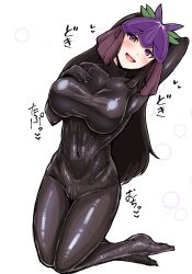 Rule 34 | 1girl, alternate costume, arm behind head, black bodysuit, black hair, blackstick128, blurry, blush, bodysuit, bokeh, breasts, commentary request, covered collarbone, covered navel, crotch zipper, depth of field, flower, flower on head, full body, hand on own chest, head tilt, highres, kneeling, large breasts, legs together, long hair, open mouth, orchid, purple eyes, purple veil, shiny clothes, skin tight, smile, solo, sound effects, touhou, translation request, turtleneck, turtleneck bodysuit, white background, yomotsu hisami, zipper