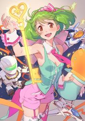 Rule 34 | 1girl, :d, blue hat, blush, bow, breasts, brown eyes, cleavage, floating hair, garter straps, green hair, hair bow, hairband, hat, head tilt, highres, holding, holding clothes, holding hat, key, looking at viewer, macross, macross frontier, macross frontier: sayonara no tsubasa, open mouth, pink bow, pink hairband, pink neckwear, pink shorts, ranka lee, short shorts, shorts, sleeveless, small breasts, smile, solo, standing, striped, striped bow, tetsuo (amenohutikoma), thighhighs, unworn hat, unworn headwear, wrist cuffs
