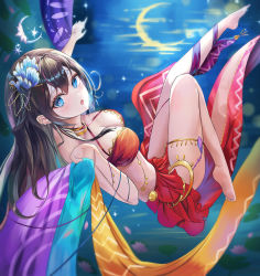 Rule 34 | 1girl, arabian clothes, barefoot, belly dancing, black hair, blue eyes, breasts, cleavage, commentary request, dancer, flower, full body, gold, gold choker, hair flower, hair ornament, harem outfit, highres, iino (isnyong), jewelry, long hair, looking at viewer, medium breasts, midriff, moon, moon reflection, night, original, parted lips, red skirt, red tube top, reflection, skirt, soles, solo, strapless, thigh strap, toes, tube top, water