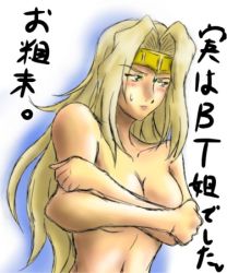 Rule 34 | .hack//, .hack//sign, 00s, 1girl, annoyed, bandai, blonde hair, blush, breast hold, breasts, bt, bt (.hack//), covering privates, covering breasts, cyber connect 2, headband, large breasts, lowres, nude, nude cover, solo, translation request