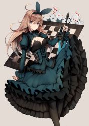Rule 34 | 1girl, bad id, bad pixiv id, black pantyhose, blonde hair, blue bow, blue dress, blue eyes, blue hairband, blue ribbon, bow, breasts, card, chessboard, commentary request, corset, dress, frilled dress, frills, gothic lolita, grey background, hair between eyes, hair bow, hairband, highres, holding, holding sword, holding weapon, lolita fashion, long hair, long sleeves, md5 mismatch, medium breasts, original, pantyhose, parted lips, puffy long sleeves, puffy sleeves, resolution mismatch, ribbon, sidelocks, simple background, snm (sunimi), solo, source smaller, standing, sword, weapon