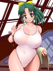 Rule 34 | 10s, 1girl, amano taiki, bow, breasts, curvy, female focus, green eyes, green hair, hair ornament, hair ribbon, highres, huge breasts, large areolae, matching hair/eyes, midorikawa nao, navel, one-piece swimsuit, ponytail, pool, precure, rei no pool, ribbon, see-through, short hair, smile precure!, solo, standing, swimsuit, thighs, towel, wet, wide hips, yellow bow
