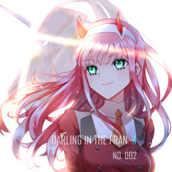 Rule 34 | 1girl, character name, copyright name, darling in the franxx, floating hair, green eyes, hairband, horns, jacket, lixiao lang, long hair, necktie, pink hair, red jacket, short necktie, smile, solo, upper body, white hairband, yellow necktie, zero two (darling in the franxx)