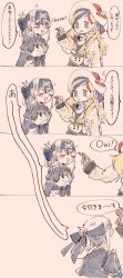 Rule 34 | 2girls, 4koma, ainu clothes, bad id, bad twitter id, beret, blonde hair, blue eyes, blue hair, blue jacket, blush stickers, buttons, closed eyes, colorized, comic, commandant teste (kancolle), cookie, feeding, food, green eyes, hat, headband, itomugi-kun, jacket, kamoi (kancolle), kantai collection, multicolored hair, multiple girls, open mouth, red hair, scarf, sidelocks, silver hair, simple background, sparkle, translated