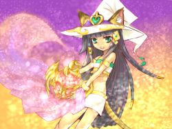 Rule 34 | 1girl, :d, animal ears, bastet (p&amp;d), brown hair, cat ears, cat girl, cat tail, costume, dark skin, dark-skinned female, egyptian, female focus, green eyes, hat, jewelry, long hair, lots of jewelry, open mouth, puzzle &amp; dragons, smile, solo, tail, very long hair
