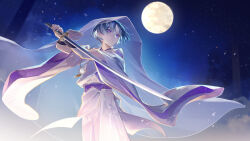 Rule 34 | 1boy, absurdres, belt, bishounen, blunt ends, closed mouth, detached sleeves, full moon, genshin impact, grey pants, hair between eyes, highres, holding, holding weapon, japanese clothes, long sleeves, male focus, mandarin collar, moon, night, pants, pom pom (clothes), purple belt, purple eyes, purple hair, purple shirt, sanshi3030, scaramouche (genshin impact), scaramouche (kabukimono) (genshin impact), shirt, short hair, solo, sparkle, veil, vest, weapon, white vest, wide sleeves