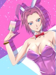 Rule 34 | 1girl, animal ears, blue eyes, bow, bowtie, bracelet, breasts, cleavage, code geass, commentary request, detached collar, jewelry, kouzuki kallen, large breasts, leotard, looking at viewer, pink leotard, playboy bunny, rabbit ears, red bow, red bowtie, red hair, short hair, solo, sumi (user fnfk5328), upper body