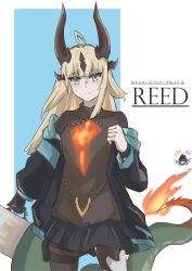 Rule 34 | 1girl, absurdres, ahoge, arknights, astrograph21, black gloves, black jacket, black pantyhose, black skirt, black sweater, blonde hair, blush, character name, cowboy shot, doctor (arknights), dragon horns, english text, gloves, green eyes, highres, holding, horns, jacket, long hair, looking at viewer, off shoulder, open clothes, open jacket, pantyhose, pouch, reed (arknights), single glove, skirt, smile, solo, split mouth, sweater, thigh pouch, very long hair