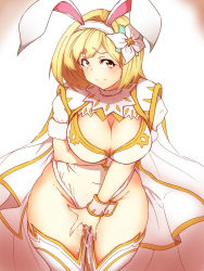 Rule 34 | 10s, 1girl, alternate costume, animal ears, blonde hair, blush, breasts, brown eyes, cape, clothed masturbation, djeeta (granblue fantasy), fake animal ears, female masturbation, flower, granblue fantasy, hair flower, hair ornament, hairband, large breasts, leaning forward, leotard, looking at viewer, masturbation, masturbation through clothes, ochawan, playboy bunny, pussy juice, rabbit ears, sage (granblue fantasy), short hair, short sleeves, smile, solo, thighhighs, white cape, white flower, white thighhighs