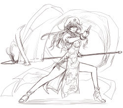 Rule 34 | 1girl, braid, brown theme, china dress, chinese clothes, dress, female focus, fighting stance, hat, highres, hong meiling, immaterial and missing power, ledjoker07, long hair, monochrome, polearm, solo, spear, touhou, twin braids, weapon