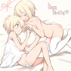 Rule 34 | 2girls, blonde hair, blue eyes, blush, closed eyes, erica hartmann, multiple girls, nude, open mouth, sandwich (artist), short hair, siblings, sisters, smile, strike witches, strike witches: suomus misfits squadron, thighhighs, tsuchii (ramakifrau), twins, ursula hartmann, world witches series