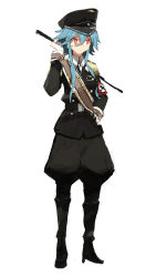 Rule 34 | 1girl, alternate hair length, alternate hairstyle, belt, blue hair, boots, epaulettes, full body, gloves, hand on own hip, hat, highres, hinanawi tenshi, long sleeves, looking away, military, military uniform, nazi, pants, pants tucked in, peaked cap, puffy pants, red eyes, reichsadler, riding crop, sash, short hair with long locks, sidelocks, siirakannu, simple background, solo, swastika, touhou, uniform, white background